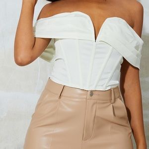 Textured Satin Bardot Pleated Detail Structured Corset